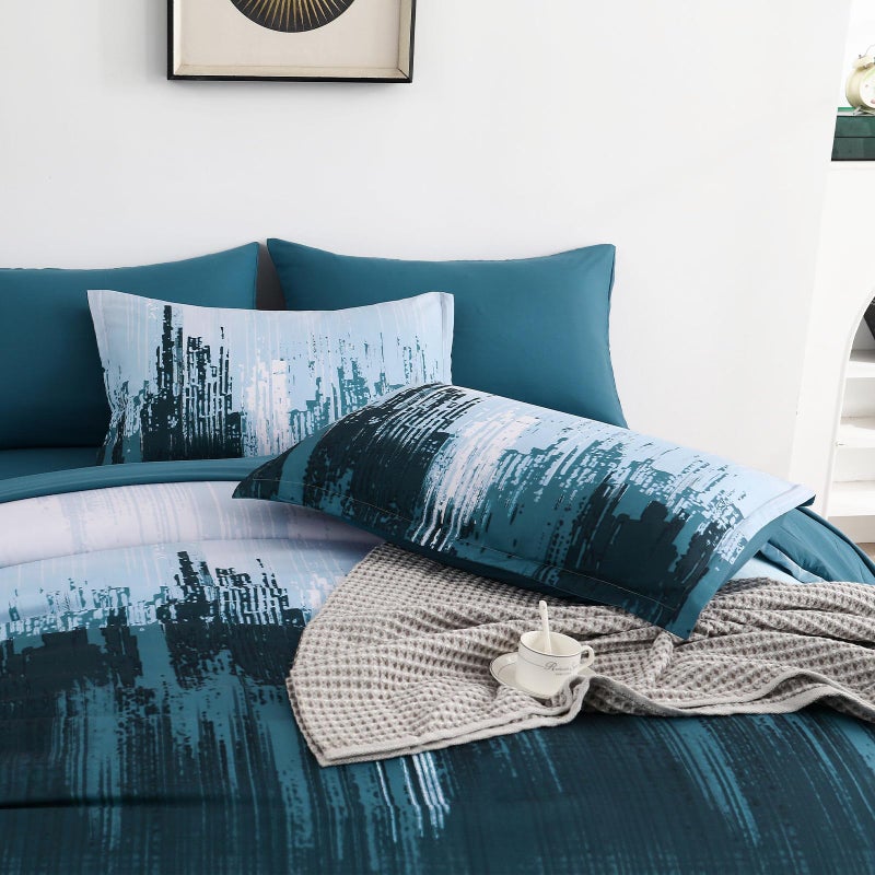 WONGS BEDDING Comforter Set King  Teal Blue 7 Pieces Bed in a Bag Colorful Abstract Art Gradient Comforter Soft Microfiber Bedding Set with Comforter Flat Sheet Fitted Sheet Pillow Shams Pillowcases - Image 4